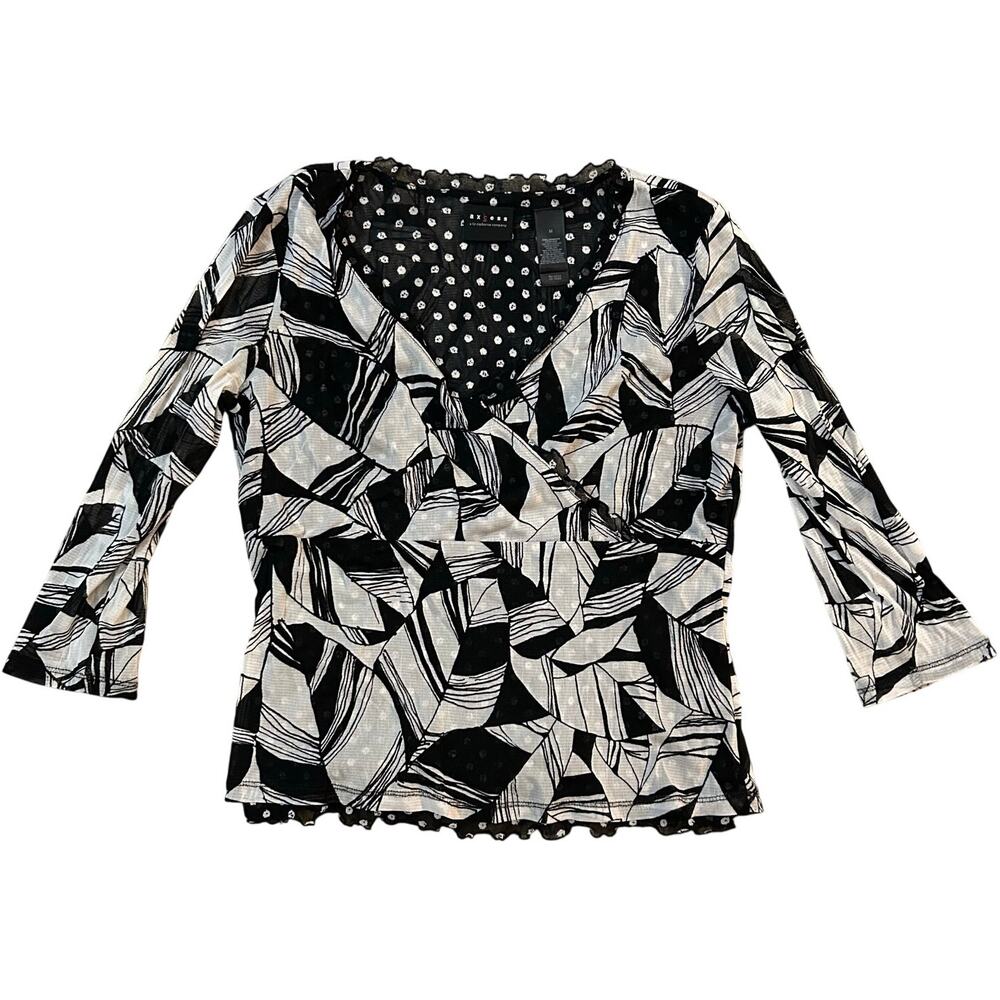 Axcess Y2K V-Neck Babydoll Top Black White Floral Womens Medium Indie Whimsigoth